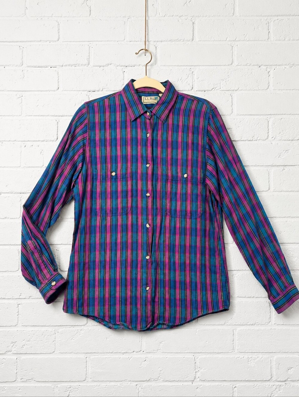 Vintage LL Bean Flannel Shirt Womens Size 10 Blue Purple Stripe 100% Cotton